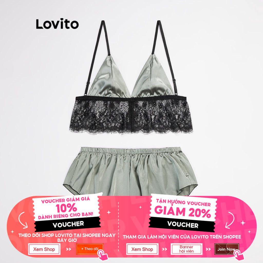 Bộ đồ ngủ Lovito vải satin thắt nơ phối ren tương phản sexy L17X467 màu xám