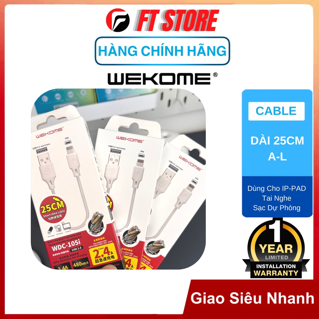 Cáp sạc chuyên dụng cho sạc dự phòng WEKOME dài 25cm WDC-105i A-L BH12TH