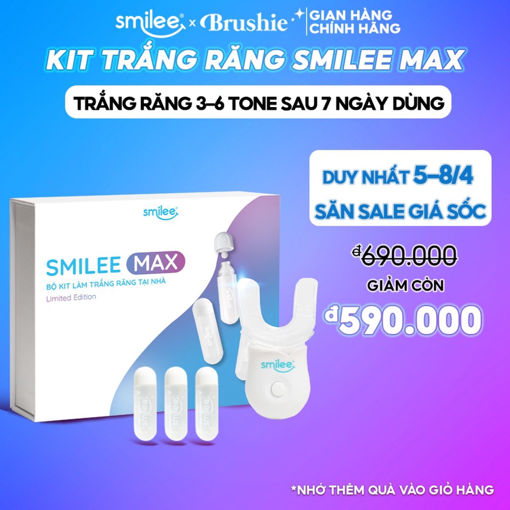 Bộ trắng răng tại nhà Smilee Max, trắng từ 3-6 tone sau 1 liệu trình, ngăn ngừa sâu răng viêm nướu, Hàng chính hãng