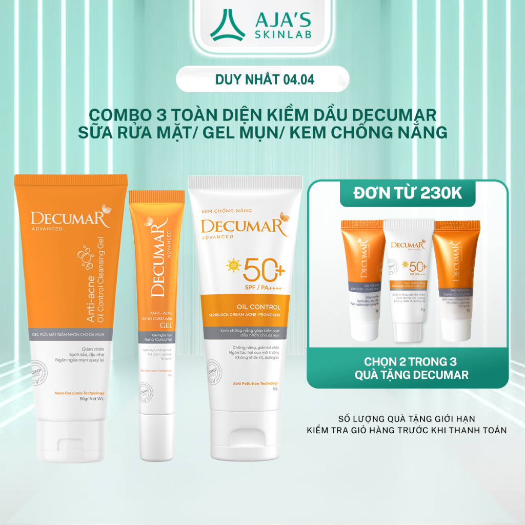 Combo ngừa mụn kiềm dầu toàn diện Decumar Advanced 1 Gel mụn 20g, 1 SRM 50g, 1 KCN 50g - Ajaskinlab