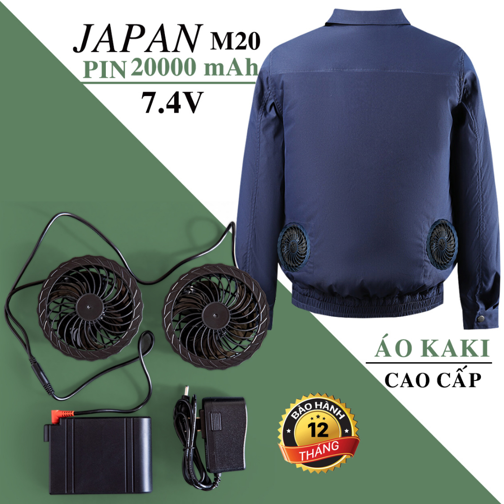 Áo quạt điều hòa Pin 20000 mAh và quạt 7.4V, màu Áo Kaki cao cấp, bảo hành 12 tháng