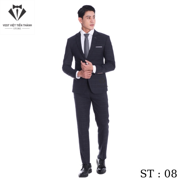 Bộ vest đen kẻ caro vải cashmere cao cấp vest viê?t tiê?n tha?nh
