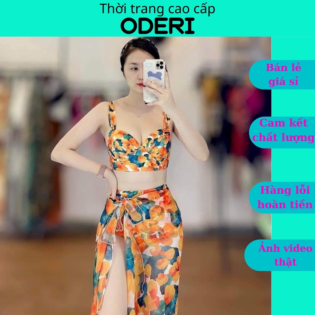 SET BIKIBI, ĐỒ BƠI ĐI BIỂN HOA CAM KÈM KHĂN MẪU MỚI SEXY ODERI BM-118