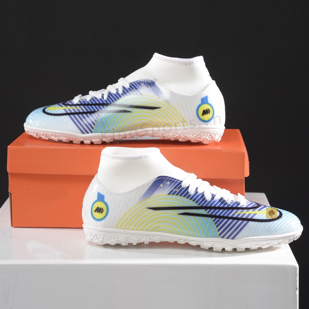 Giày đá bóng nam cổ cao CR7 giày đá banh Mercurial Phiên bản TF trắng xanh MDS 005 cổ cao hỗ trợ khoá cổ chân