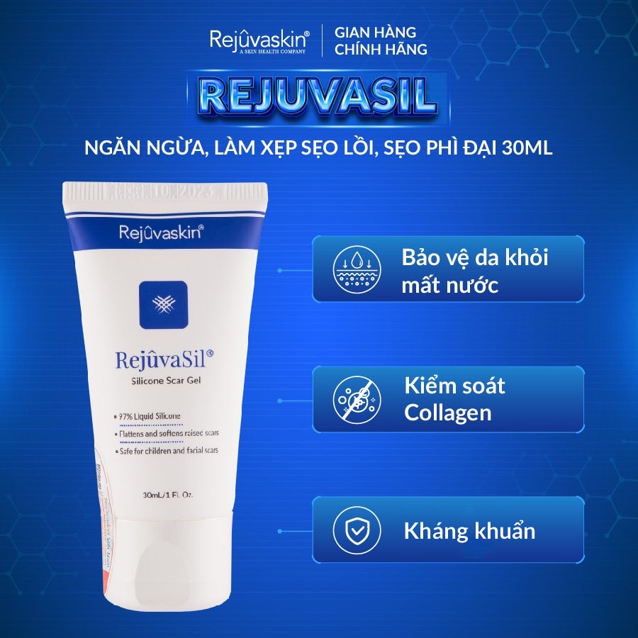 Combo chăm sóc da Rejuvaskin làm xẹp sẹo lồi, sẹo phì đại Silicone Rejuvasil Gel 30ml và làm mờ vết rạn da 90ml