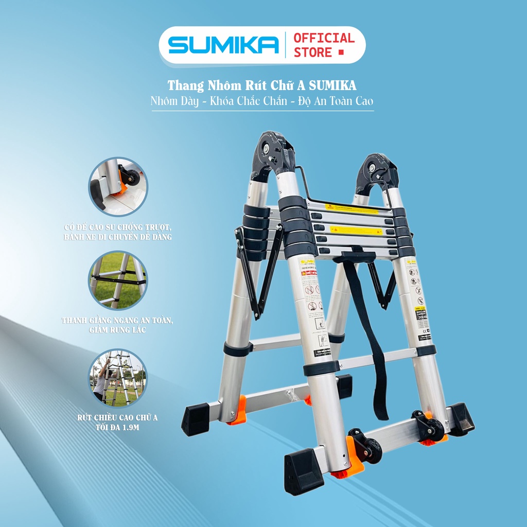 Thang nhôm rút đôi SUMIKA SK380D NEW - rút chữ A cao 1.9m, rút chữ I cao 3.8m, tải trọng 300kg