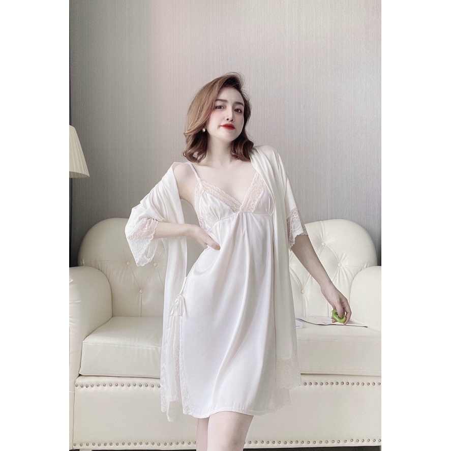 Combo Váy Ngủ Lụa Sexy Phối Ren Kèm Áo Choàng Ngủ Nữ Tặng Quần Cùng Màu Chất Liệu Cao Cấp.