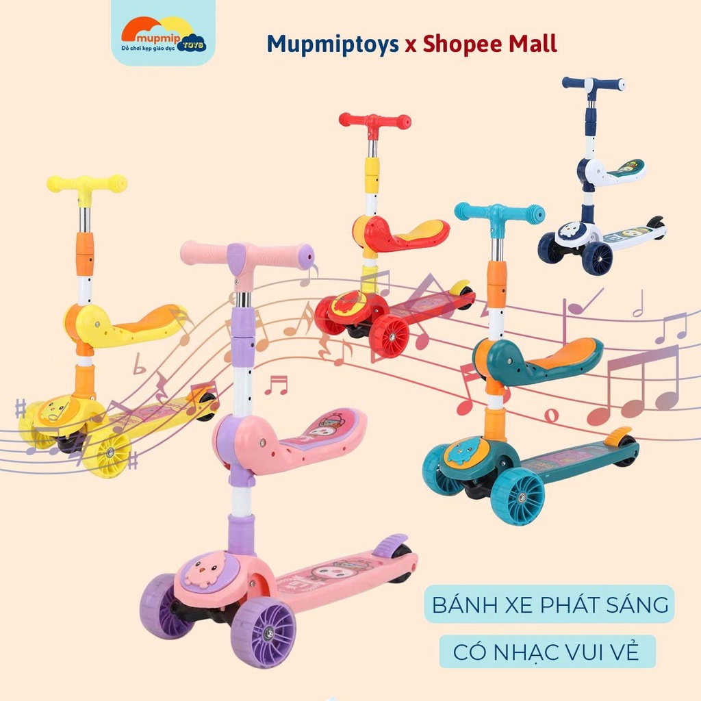 Combo xe trượt scooter cho bé AMISIO, scooter 3 bánh ghế ngồi Baby Seat , scooter cho bé Rainbow có đèn led