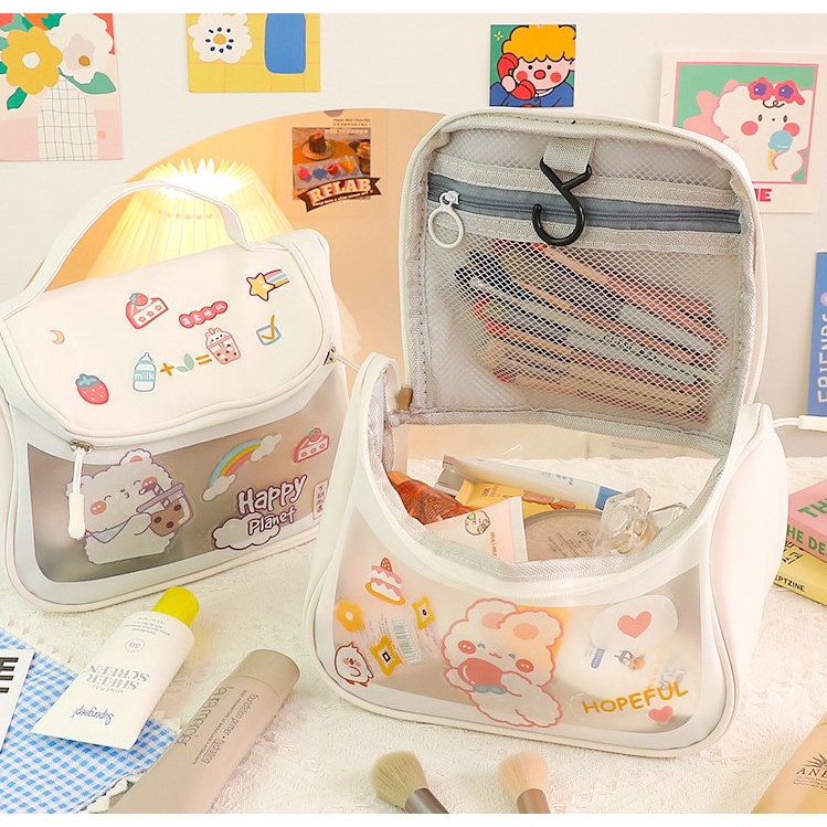 Túi đựng mỹ phẩm đồ trang điểm makeup trong suốt tặng sticker diy đáng yêu cỡ lớn