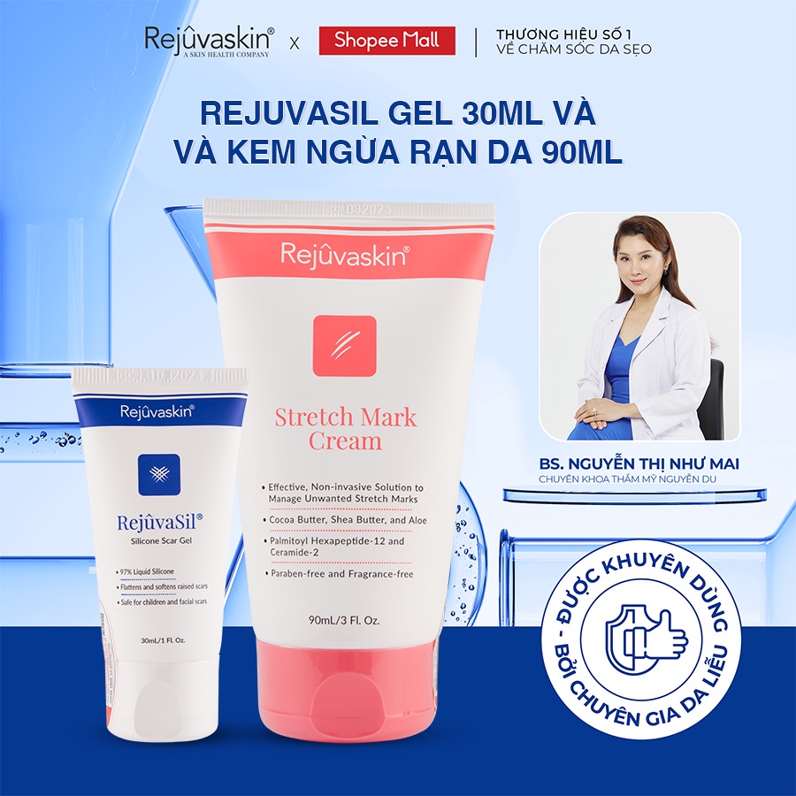 Combo chăm sóc da Rejuvaskin làm xẹp sẹo lồi, sẹo phì đại Silicone Rejuvasil Gel 30ml và làm mờ vết rạn da 90ml - Ảnh 2