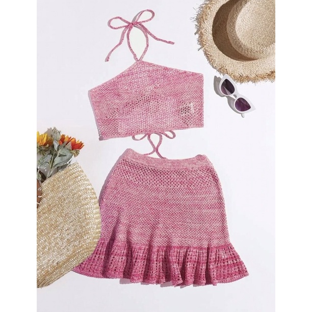 Set Len Móc 2 Mảnh Mặc Ngoài Bikini Đi Biển Đi Du Lịch - Set Áo Yếm Kèm Chân Váy Đuôi Cá Ombre Cạp Chun Co Dãn Nhiều Màu