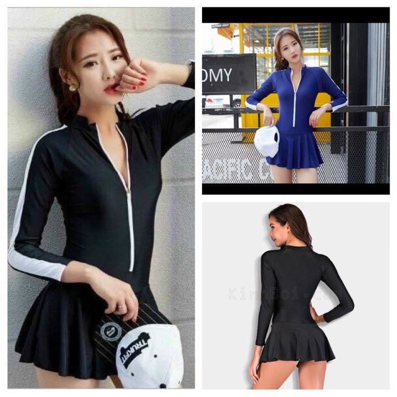 Bộ bơi nữ kín đáo liền váy tay dài trơn