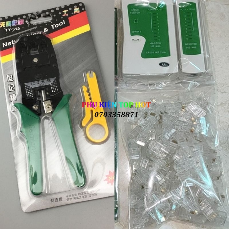 Combo Kìm bấm mạng + hộp test mạng + 50 hạt mạng COB xịn