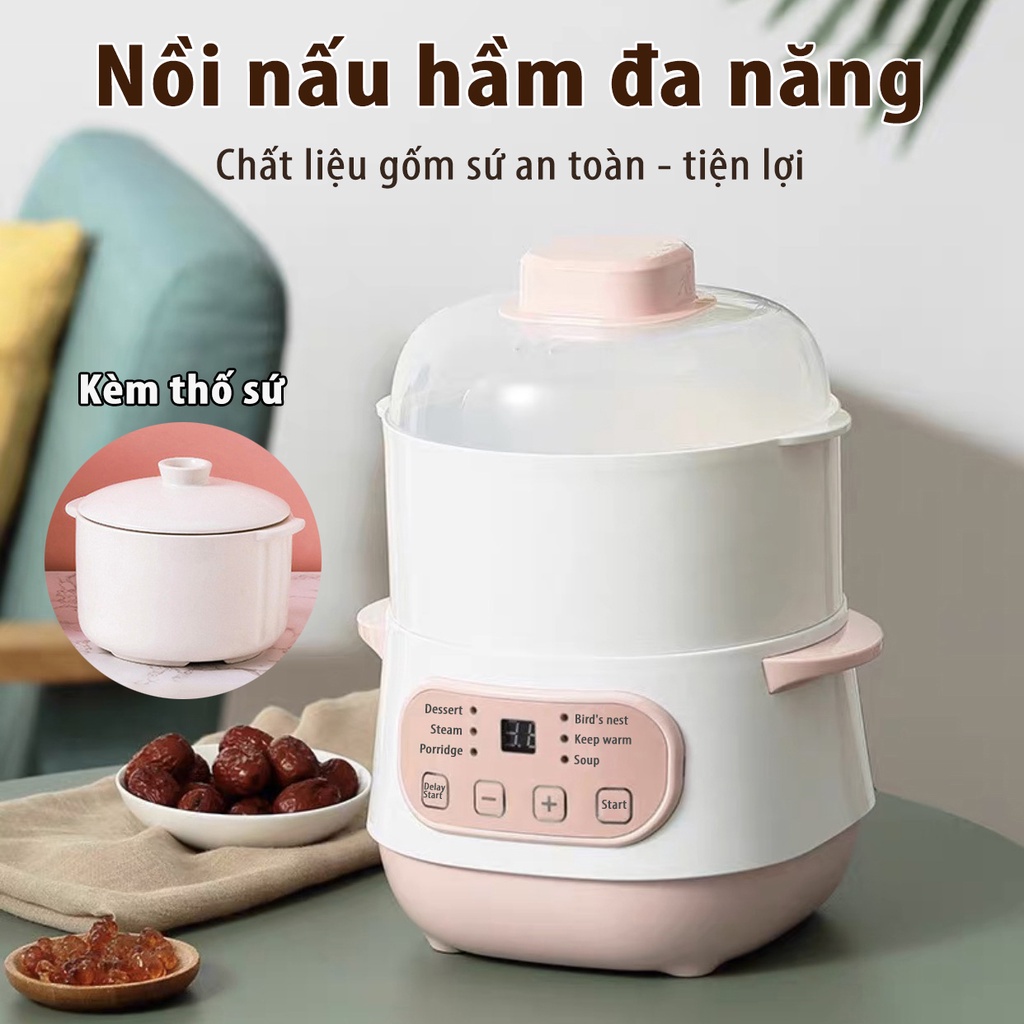 Nồi Nấu Cháo Chậm, Chưng Yến - Nồi Hầm Cách Thủy Đa Năng Dung Tích 1L, Lòng Nồi Bằng Sứ Giữ Nhiệt Tốt Hơn