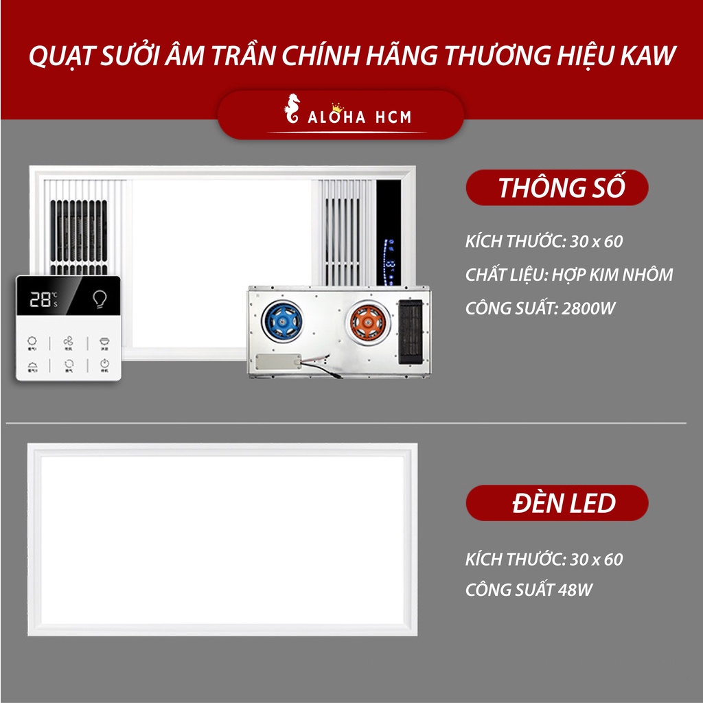 Quạt sưởi âm trần đa năng Kaw - Đèn sưởi nhà tắm tích hợp đèn led công suất lớn - Bảo hành chính hãng 1 đổi 1