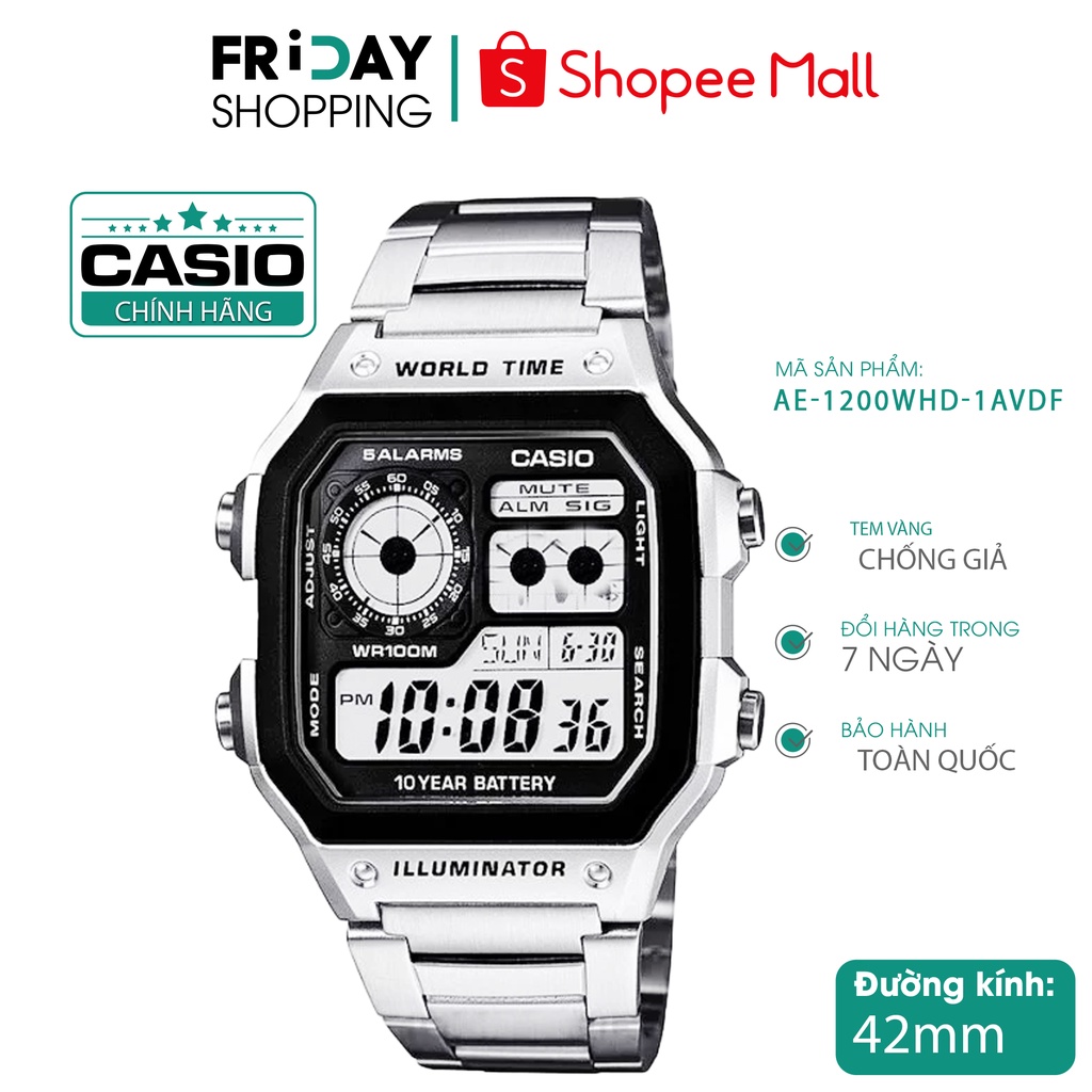 Đồng hồ Casio nam chính hãng điện tử AE-1200WHD-1AVDF dây kim loại Fridayshopping