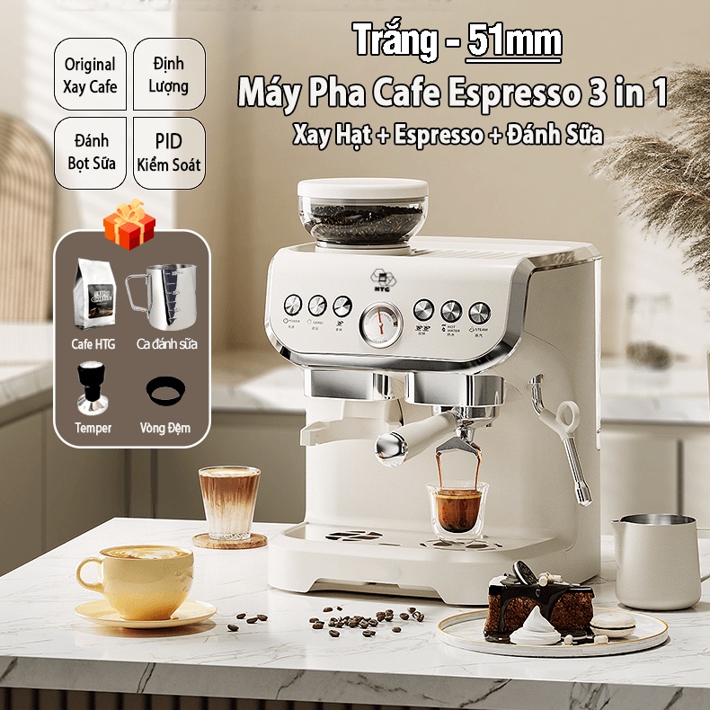 Máy Pha Cà Phê HTG CF07 Pha Cafe Espresso Bán Tự Động 3 Trong 1, Mini Nhỏ Gọn Cho Gia Đình, Văn Phòng, Tích Hợp Xay Cafe
