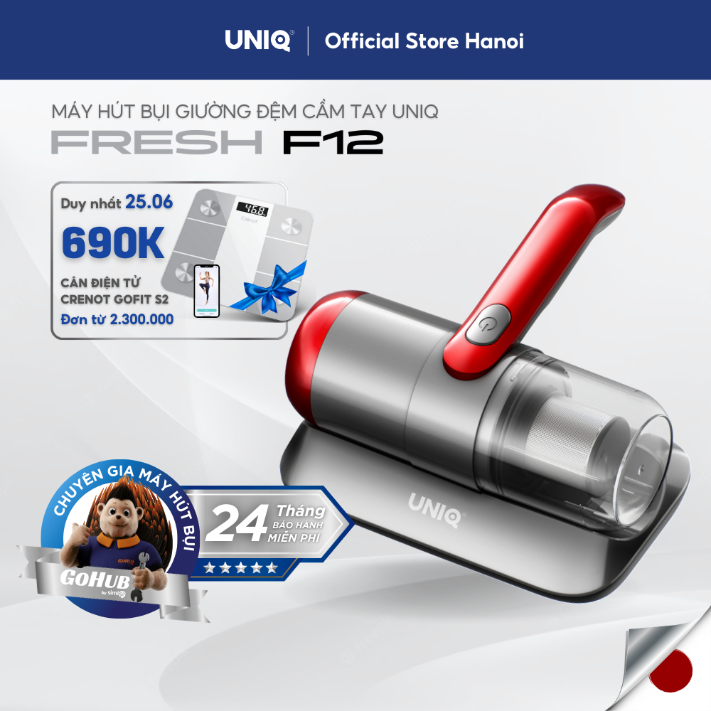 Máy hút bụi giường đệm nệm UNIQ Fresh F12 không dây đèn UV diệt sạch vi khuẩn ga sofa lông cao cấp cầm tay mini đa năng