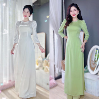 Áo Dài Trắng Lụa Tây Thi Tay Phồng Cổ Tròn Đính Hạt Chuẩn Phom