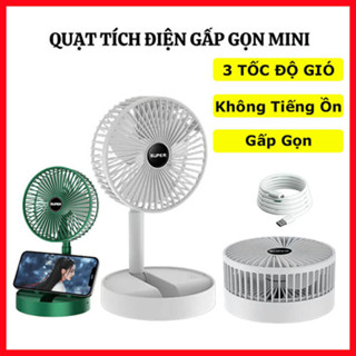 Quạt tích điện mini để bàn gấp gọn Super Fan có thể điểu chỉnh độ cao, 3 tốc độ gió cổng sạc USB, có giá đỡ điện thoại
