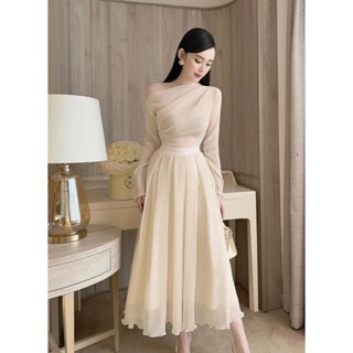 Đầm thiết kế liền thân tơ nhún tay dài thanh lịch màu be nhạt  tùng xòe xinh xắn phù hợp dự tiệc dạo phố M6