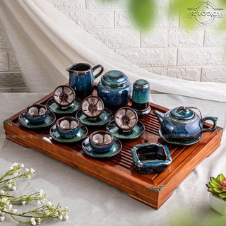 Bộ ấm chén men hỏa biến xanh lòng hoa cao cấp BátTràng