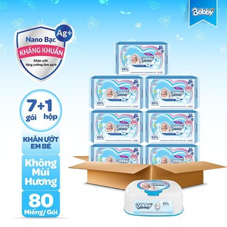 Combo 7 Gói Khăn ướt Bobby không mùi 80 miếng và 1 hộp khăn ướt tiện lợi