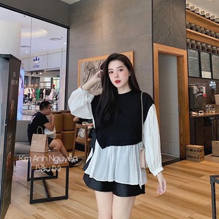 áo bầu sơ mi phối màu đen trắng AD087