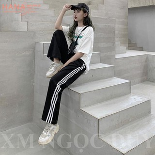 Quần thể thao 3 sọc nữ ống rộng viền kẻ sọc trắng có dây rút kéo - Quần thể thao ống rộng nữ chất vải Umi đi học thể dục