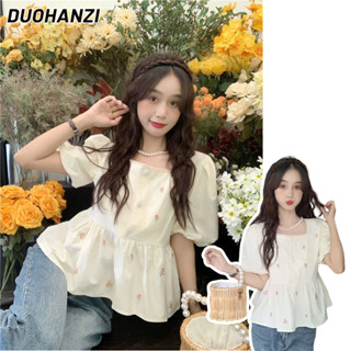 DUOHANZI Áo Sơ Mi Tay Ngắn Phồng Cổ Vuông In Họa Tiết Hoa Phong Cách Phương Tây Ngọt Ngào Thời Trang Cho Nữ