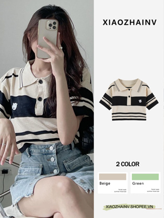 Áo polo nữ dệt kim Xiaozhainv dáng rộng họa tiết sọc retro thời trang mùa hè