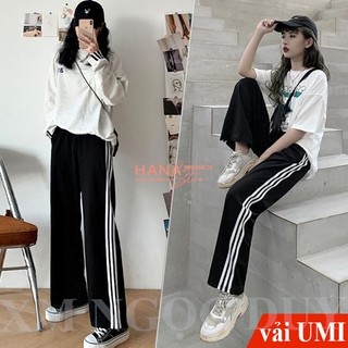 Quần thể thao 3 sọc nữ ống rộng viền kẻ sọc trắng có dây rút kéo - Quần thể thao ống rộng nữ chất vải Umi đi học thể dục - Ảnh 2