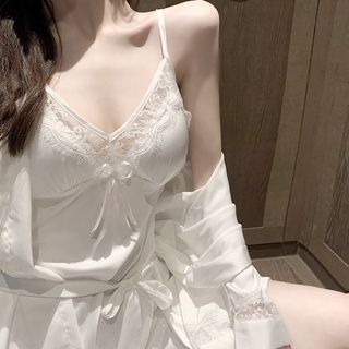 Bộ Đồ Ngủ Hai Mảnh Vải Lụa Lạnh Phối Ren Có Miếng Đệm Ngực Dành Cho Nữ