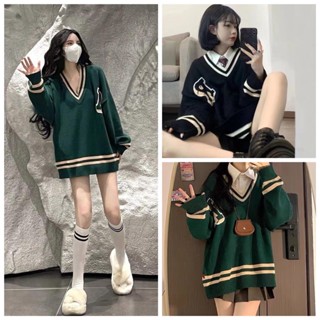 Áo Nỉ Nữ Cổ V Phối Viền Chữ R, Áo Sweater Hàn Quốc Phong Cách
