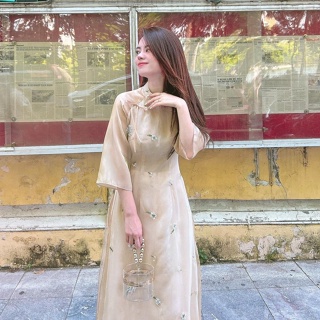 Áo dài cách tân nữ hoa nhí Cúc Chi thêu May sẵn lụa tơ họa tiết nổi nàng dự tiệc lễ tết xinh đẹp ADN031