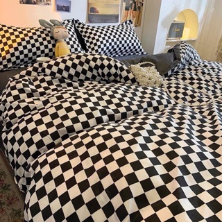 Bộ Chăn Ga Gối Kẻ Đen Cotton 3D Poly 5 Món Cao Cấp Mát Mịn Đủ Kích Thước Tặng Kèm Vỏ Gối Ôm