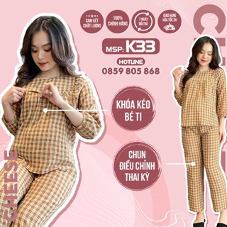 Bộ Bầu Mặc nhà và Sau Sinh chất xước nhật trai áo có Khoá Cho Con Bú và Quần Chun Chỉnh Bụng K33