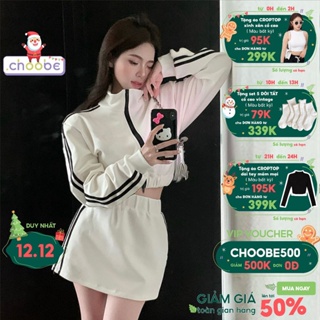 Set đồ nữ Choobe bộ thể thao áo khoác kèm chân váy cổ bẻ khóa kéo phối sọc tôn dáng ấn tượng AK22 + CV22