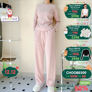 Set đồ nữ Choobe bộ thu đông quần áo dài tay vải len lông mềm mịn kiểu nhún eo kèm quần ống đứng năng động Q86 + A126