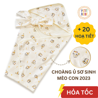 Khăn choàng ủ cho bé sơ sinh có mũ PETIT BEBE muslin 4 lớp thoáng khí kèm đai quấn bé đón bé