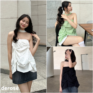 PRINCESS DEROSE - Áo Kiểu Linen Vắt Sóng Nữ Quai Áo Ở Cổ Trắng Đen CaRo