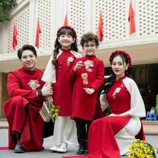 Áo Dài Tết Gia Đình HH Áo Dài Truyền Thống Cách Tân Cao Cấp Loại 1 Màu Đỏ Phối Tay Trắng May Mắn Sang Trọng