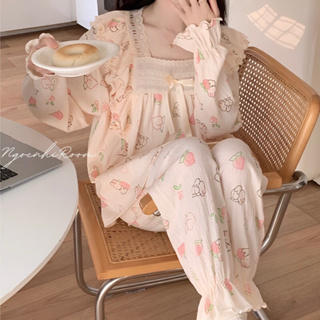 Bộ đồ ngủ tay dài cổ vuông phong cách công chúa, bộ quần áo ở nhà ngọt ngào dễ thương - Ảnh 2