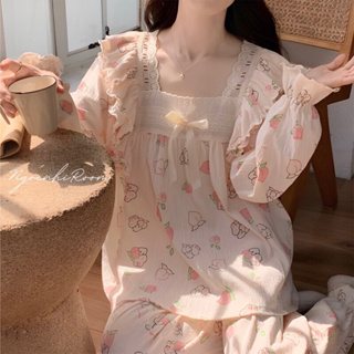 Bộ đồ ngủ tay dài cổ vuông phong cách công chúa, bộ quần áo ở nhà ngọt ngào dễ thương