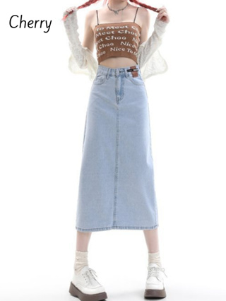 Chân váy jean dài nữ xẻ sau CHERRY cạp cao dáng chữ a phong cách ulzzang, chân váy bò lưng cao vải denim cao cấp T082-1