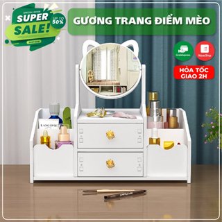 Kệ mỹ phẩm bàn trang điểm mini có 2 ngăn kéo kèm gương tai mèo 4 ngăn sườn dễ thương