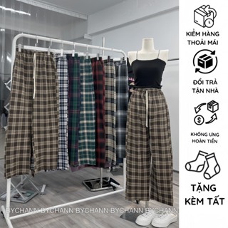 Quần Kẻ Nữ Ống Rộng Cạp Chun Caro Lưng Cao Dáng Rộng Ống Suông Ulzzang Full Màu