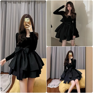 Váy Đen Cổ Vuông Chất Bo Tăm Phối Váy Xoè Thắt Nơ Xinh