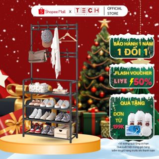 Kệ Để Giày Dép Chữ L 4 Tầng, Thông Minh TECHWELL Có Móc Treo Quần Áo Chất Liệu Thép Chịu Lực Tốt Cố Định