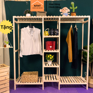 Kệ Treo Quần Áo Gỗ,Tủ Treo Quần Áo 3 Khoang Đa Năng Gỗ Thông Nhập Khẩu, Tặng Kệ Treo Tường - Nội Thất HT